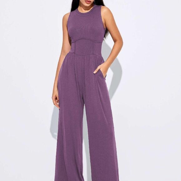Cider Soft Purple Ribbed Solid Sleeveless Wide Leg Flare Elegant Jumpsuit M - Picture 3 of 7
